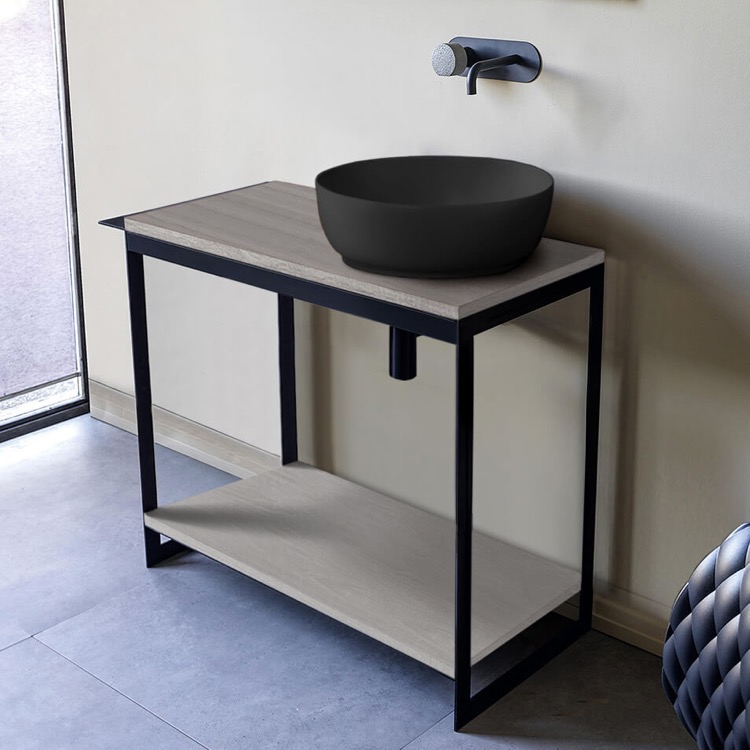 Scarabeo 1807-49-SOL4-88 Console Sink Vanity With Matte Black Vessel Sink and Grey Oak Shelf, 35 Inch